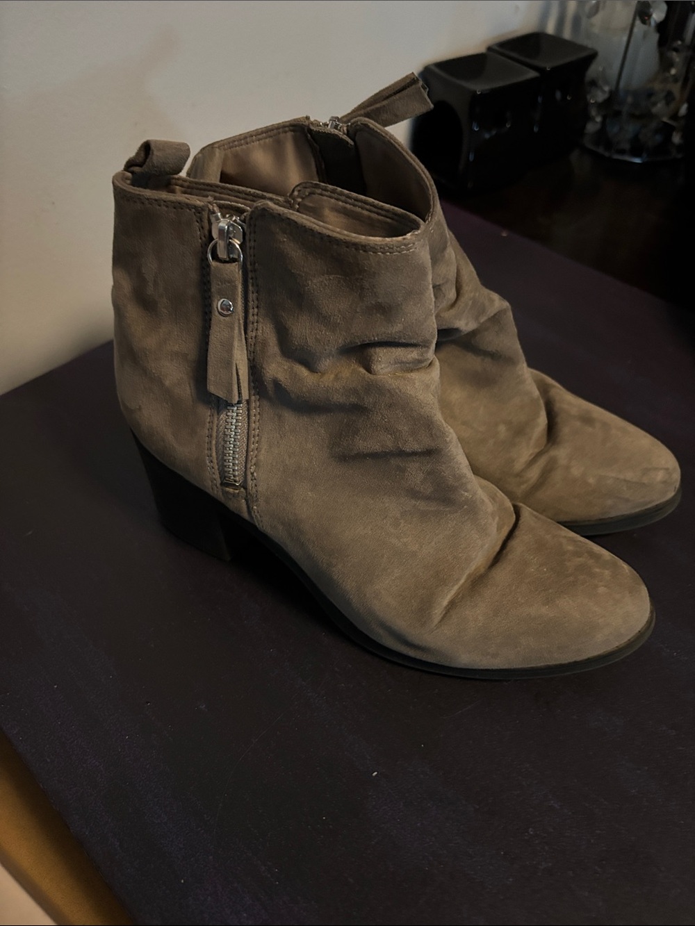H&M Taupe Suede Ankle Booties with Side Zip Detail